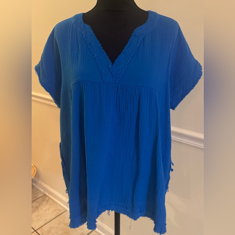 Zenana Royal Blue Frayed Hem Tunic Top with Pockets – Boho Chic (S)